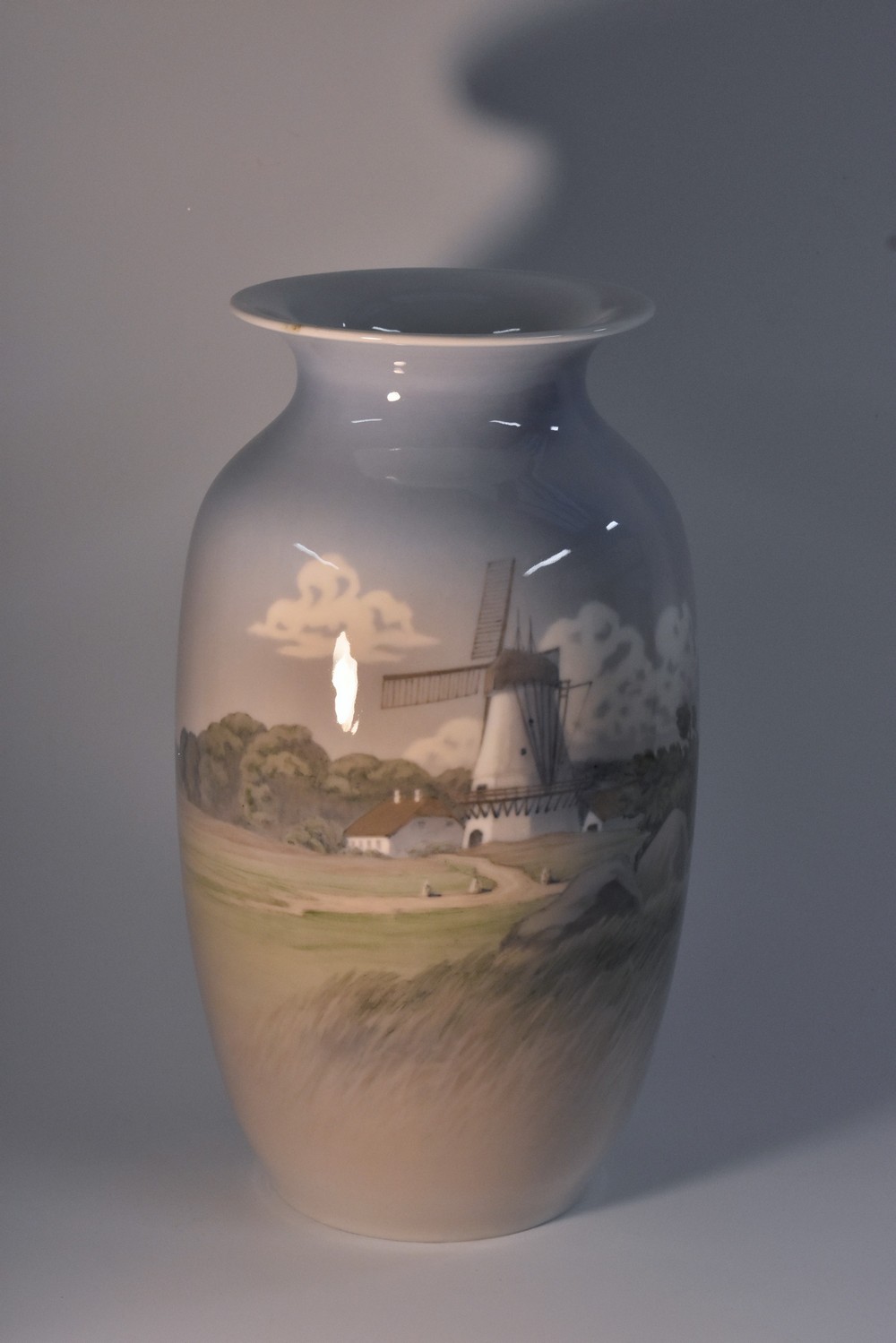 A large Copenhagen ovoid vase, printed in tones of blue, with windmill and landscape, printed mark,