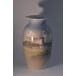 A large Copenhagen ovoid vase, printed in tones of blue, with windmill and landscape, printed mark,