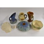 Bretby Art Pottery - a blue drip glaze "flying saucer" posy vase; another similar jug;