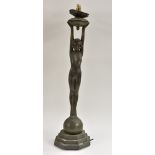 An Art Deco spelter table lamp, of a young naked girl, standing on a sphere,