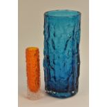 A Whitefriars textured bark cylindrical vase in Kingfisher Blue, designed by Geoffrey Baxter, 23.