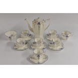 A Shelley Queen Anne Blue Iris pattern coffee service, for six comprising coffee pot, cream jug,