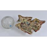 A Murano free form dish, decoated overall with mottled colours, 27cm wide; a globular vase, 11.