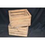 A pair of wooden slatted Kent apple crates, 50cm wide, 30cm high,