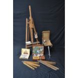 Artists Supplies - cased artist painting cases, easel, stands, stick seat; etc.