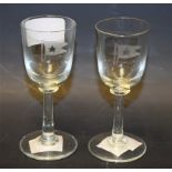 A pair of sherry glasses, etched with the flag of the White Star Line, 10.