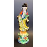 A Chinese export ware figure, deity on a lotus leaf, with moving hand, 30.