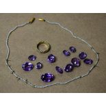 An 18ct white and yellow gold band; a seed pearl and amethyst necklace,