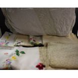 Textiles - lace edged linen, embroidered linen floral tablecloths, linen damask tablecloths, etc.