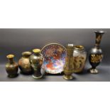 A Chinese cloisonné inverted baluster vase; a cloisonné bowl; a Japanese engraved brass vase;