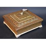 An Anglo-Indian sadeli marquetry square box and cover, decorated throughout with geometric lozenges,