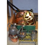 Metalware - a copper and brass kettle; a large copper bowl; a brass trivet; two warming pans;