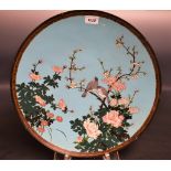 A Japanese cloisonné enamel circular wall plaque, Birds of Paradise, 45cm diam.