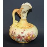 A Royal Worcester blush ivory ewer, of squat form, hand painted with flowers, date mark 1893, 12.