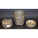 A Chinese paktong cylindrical tea caddy, push-fitting lid enclosing an inner cover, 13cm high,