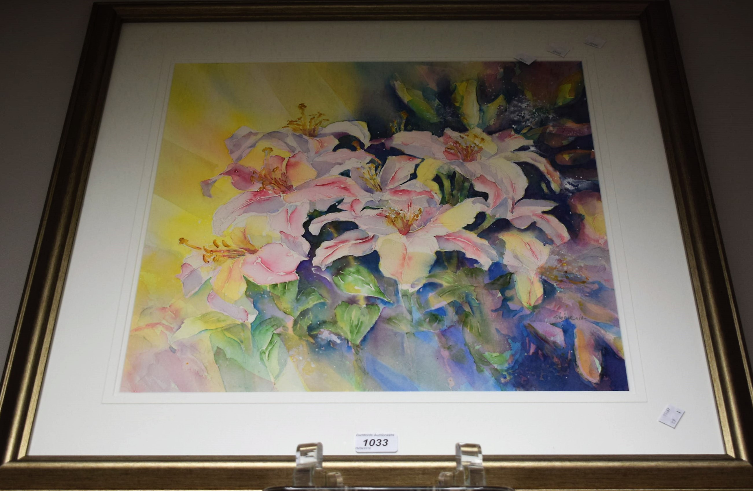 Sheila Gill, contemporary Pink Lilies signed, watercolour, 48cm x 47cm,
