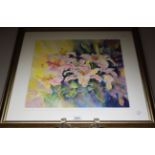 Sheila Gill, contemporary Pink Lilies signed, watercolour, 48cm x 47cm,