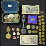 Coins - a George III silver shilling; a Victorian crown, 1889; other pre-decimal coins,