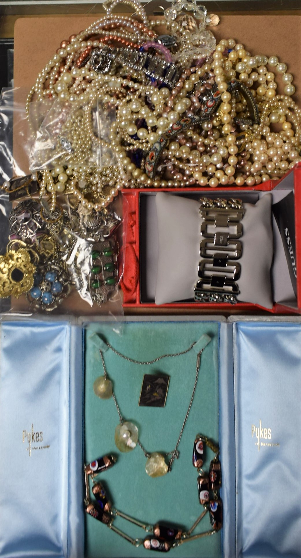 Jewellery - costume jewellery; Guess watch; assorted beads; necklaces;