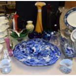 Glassware - a large blown wide rimmed dish, mottled blue,