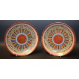 A pair of Japanese Thousand Faces pattern plates, decorated in tones of red, blue and green,