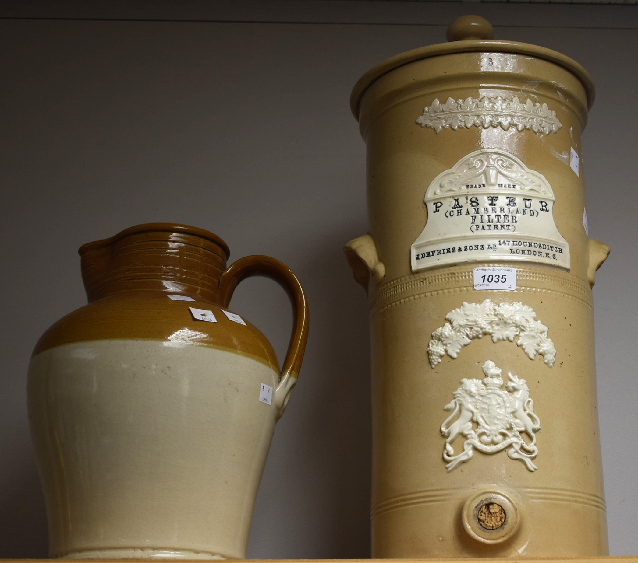 A Victorian stoneware water filter, inscribed 'Pasteur (Chamberland) Filter (Patent), J. D.