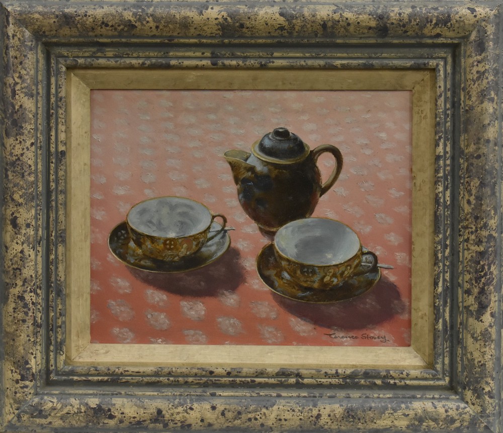 Terence Storey (bn 1923) Teapot and Two Cups signed, oil on board, 20cm x 25.