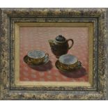 Terence Storey (bn 1923) Teapot and Two Cups signed, oil on board, 20cm x 25.
