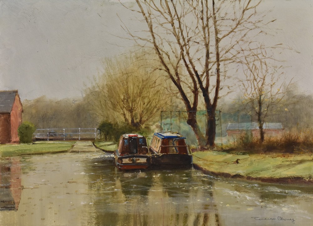 Terence Storey (bn 1923) Fradley Junction Canal signed, oil on board, 25.5cm x 35.