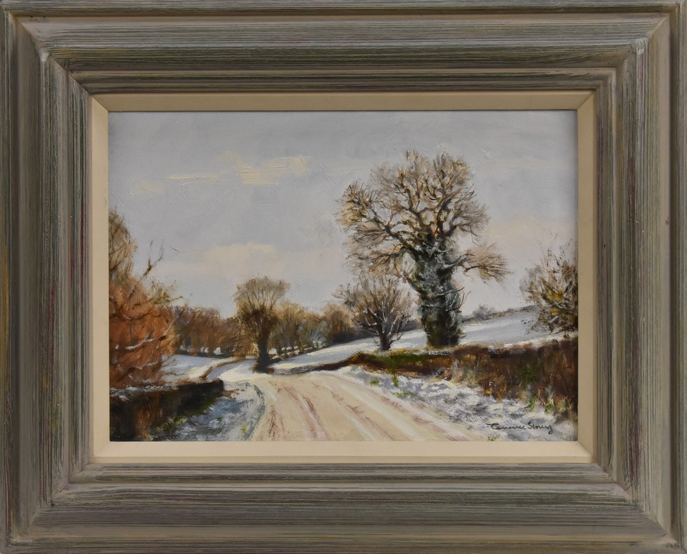 Terence Storey (bn 1923) Derbyshire, Winter Sun and Snow signed, oil on board, 25.5cm x 35.