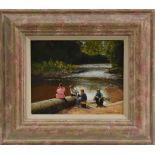 Terence Storey (bn 1923) Children Fishing in Belper signed, oil on board, 20cm x 25.