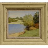 Terence Storey (bn 1923) Carsington Reservoir signed, oil on board, 25.5cm x 30.