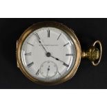 An Elgin National Watch Company 14ct rolled gold capped open face pocket watch, white enamel dial,