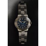 Omega - a Lady's Geneve Dynamic wristwatch, ocal brushed steel case, blue dial, raised block batons,