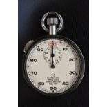 Omega - a chrome and tempered metal cased stopwatch, white dial, 0-100 outer scale,