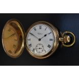 A Waltham gold plated hunter cased pocket watch, white enamel dial, Bold Roman numerals,