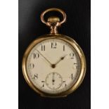 A Waltham gold plated open face pocket watch, white dial, Arabic numerals, minute track,