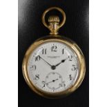 An American gold plated open face pocket watch, Porte & Markle, Winnipeg, white enamel dial,