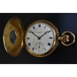 A Thomas Russell gold plated half hunter pocket watch, white dial, Bold Roman numerals.