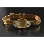 Cyma - a vintage lady's diamond set cocktail watch, square dial, Arabic numerals, gilt hands,