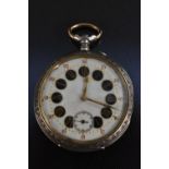 A late 19th century French oversized 800 grade silver open face pocket watch, pale blue enamel dial,