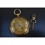 A Victorian 18ct gold fob watch, William Evans, Wirksworth, floral engraved gilt dial,