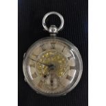 A Victorian silver open face pocket watch, WE Munn, Sheerness, ornate floral silvered dial,