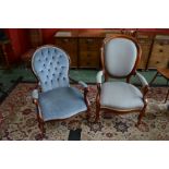 A Victorian mahogany salon armchair, with oval back, upholstered pale blue,