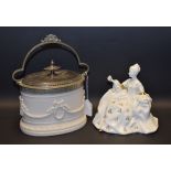 A Victorian Copeland style white bisque oval biscuit box, moulded in relief with swags and ribbons,
