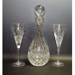 Gleneagles Crystal - a cut crystal decanter, boxed; a pair of conforming champagne flutes,