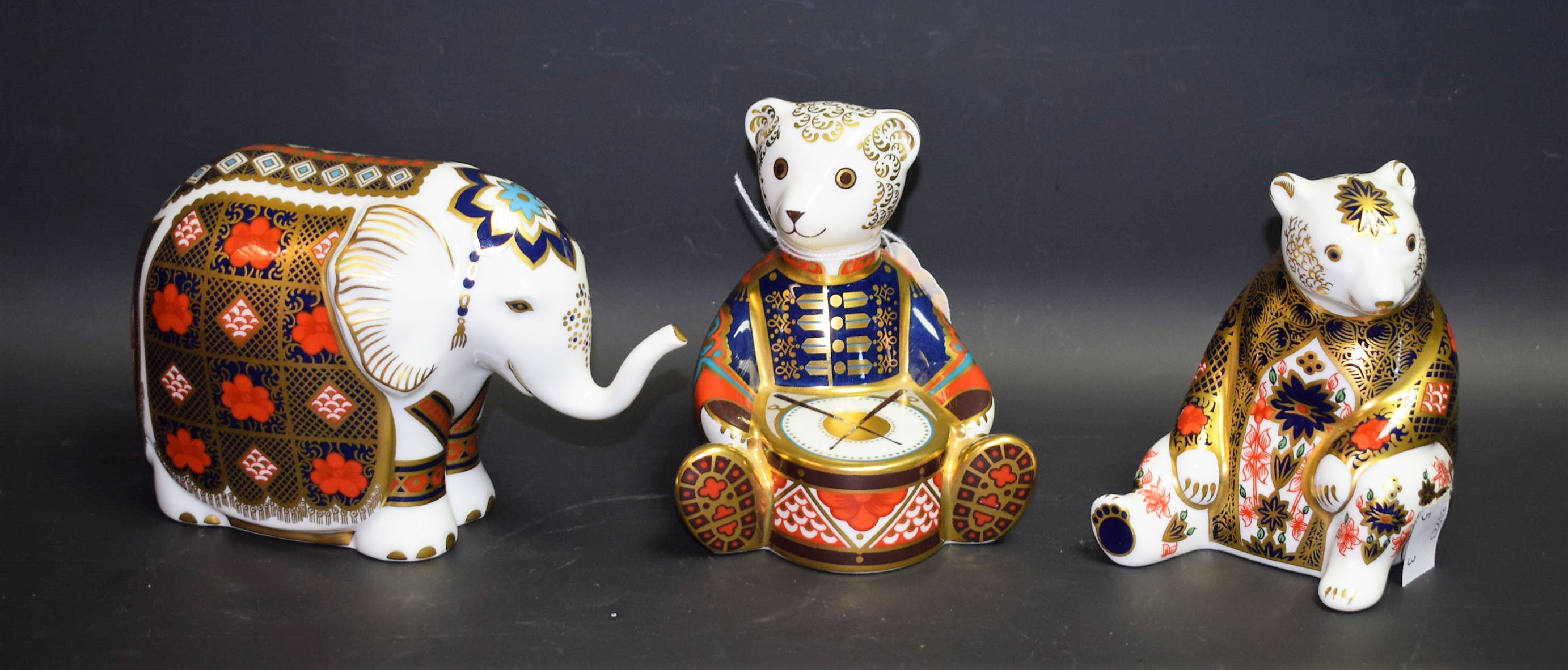 A Royal Crown Derby Paperweight, Imari Honey Bear, gold stopper; others, Elephant,