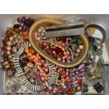 Costume Jewellery - a diamante collar; a gold tone flexible collar; amber coloured beads; etc.