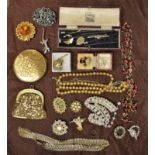 Ladies Accessories - a Caprice by Kigu powder compact; a gilt metal mesh purse; hat pins;