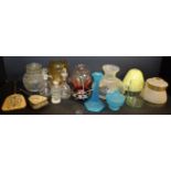 Glassware - an Art Deco style blue frosted glass dressing table set; another; retro lamp shades;